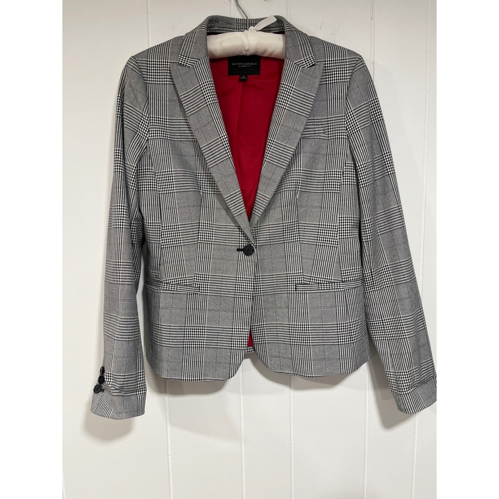 Banana Republic Womens Classic Fit Glen Plaid Blazer Black White Red Lining 6